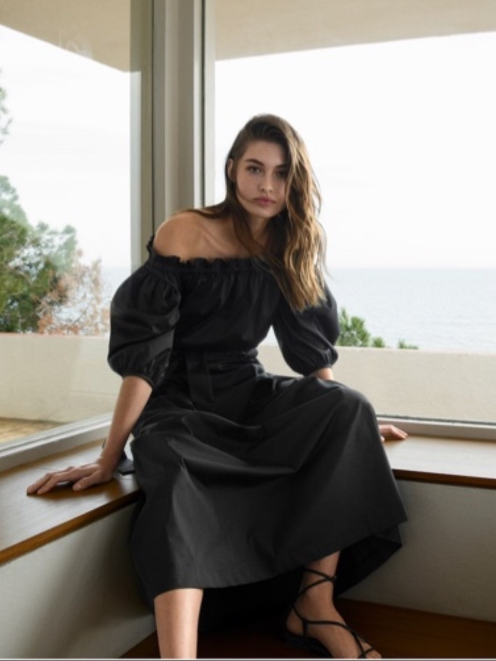 MASSIMO DUTTI BLACK COTTON POPLIN MIDI OVERSIZED DRESS WITH PUFF SLEEVE .